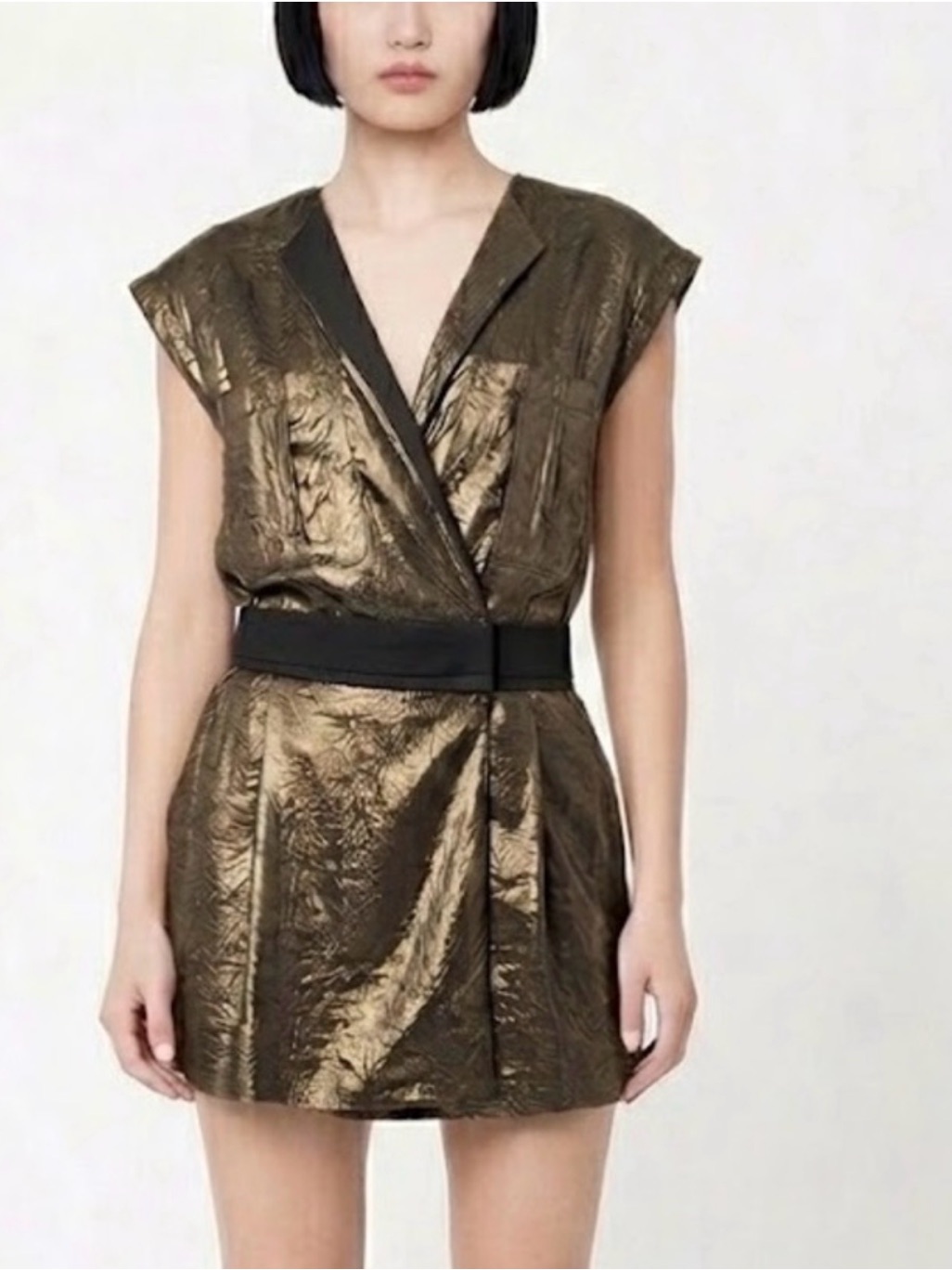 A.L.C. Sleeveless Metallic Wrap Mini Dress With Black Trim
